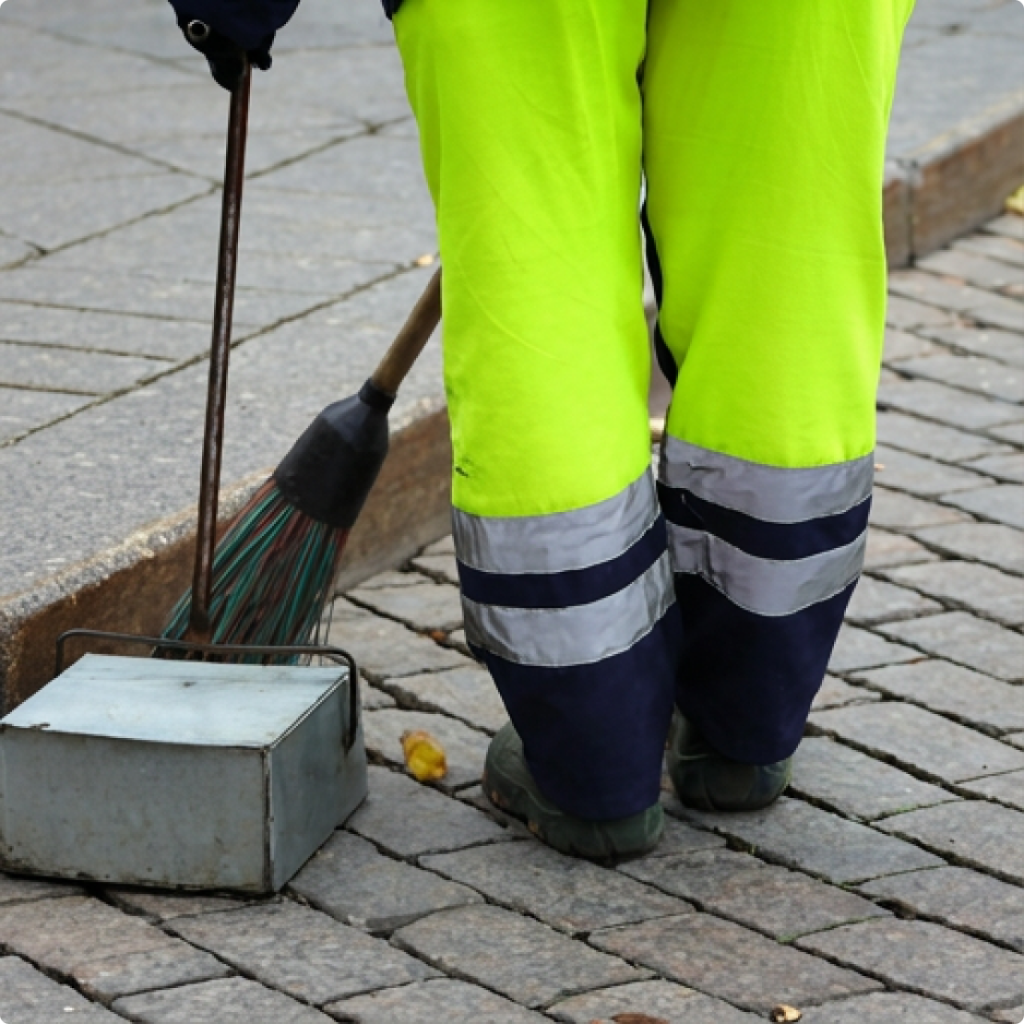 A worker in bright high-visibility pants sweeps cobblestone pavement with a broom and dustpan.