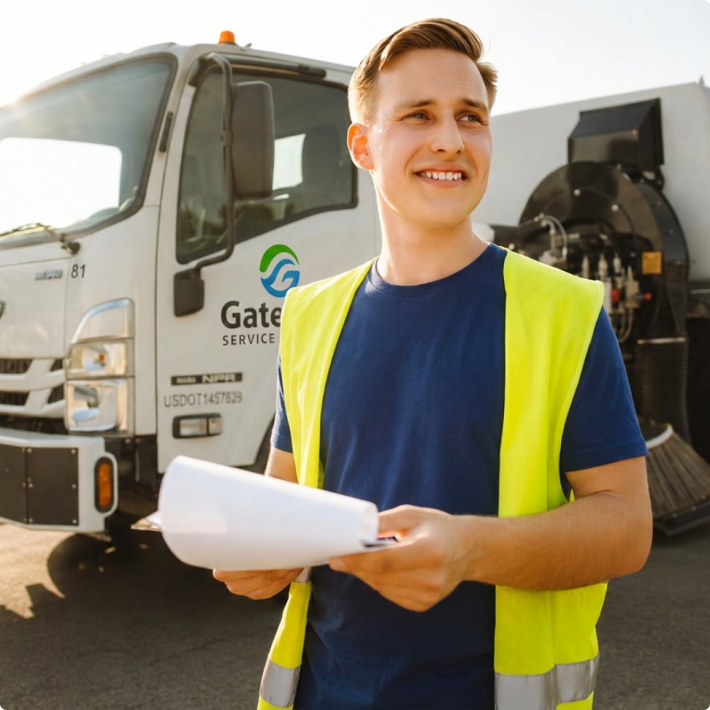 Smiling man in a neon yellow safety vest holds rolled blueprints in front of a white service truck.