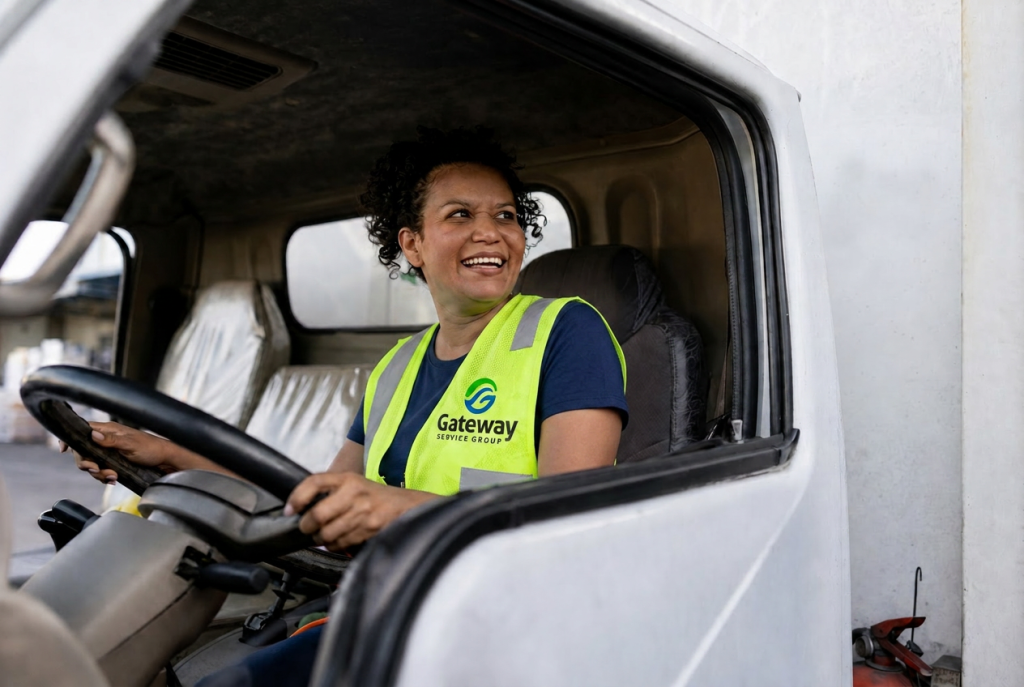 A smiling woman wearing a high-visibility vest sits in the driver's seat of a truck.