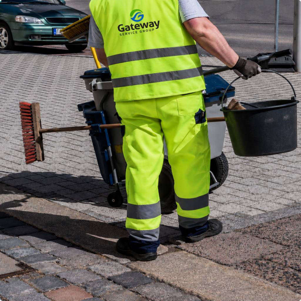 Maintenance worker in a neon safety vest sweeps the pavement beside a wheeled cart and bucket.