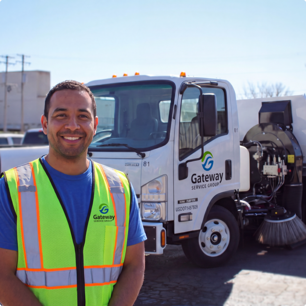 Smiling worker in a high-visibility safety vest stands in front of a white Gateway street sweeper truck.
