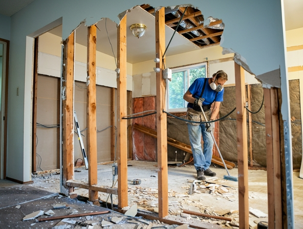 A construction worker demolishes a wall in a partially renovated room, exposing wooden studs and debris.