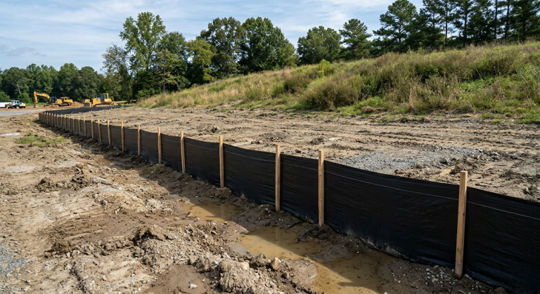 Long trench at a construction site lined with black fabric and wooden stakes beside a grassy slope and trees.