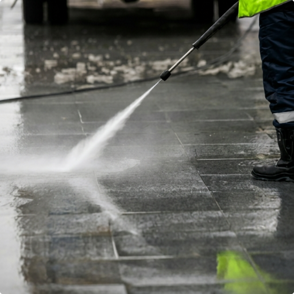A worker wearing a neon safety vest cleans a wet sidewalk with a pressure washer.