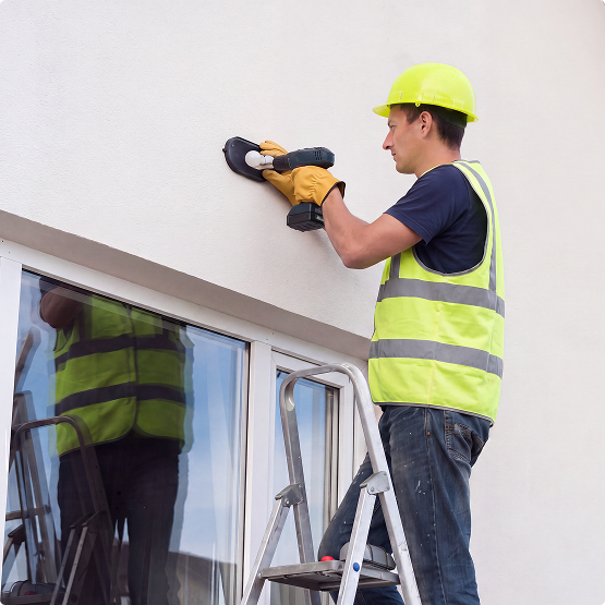 Construction worker on a ladder wearing a yellow hard hat and high-visibility vest uses a handheld power tool on an exterior wall beside a window.