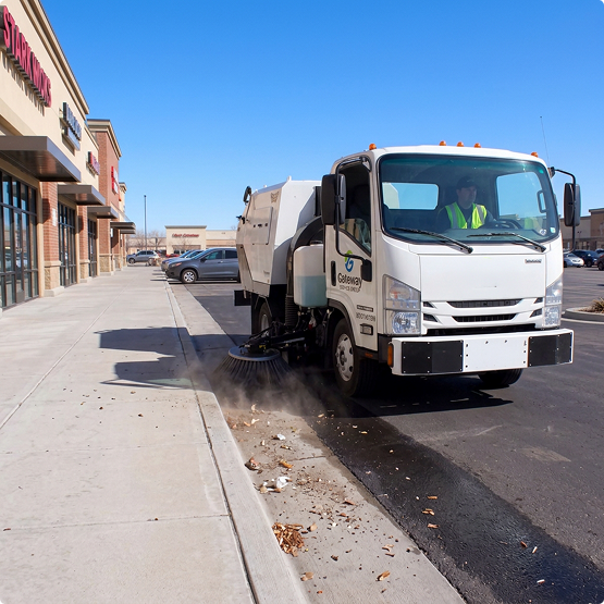 A white street-sweeping truck cleans debris from a city street beside a concrete sidewalk and storefronts under a clear blue sky.