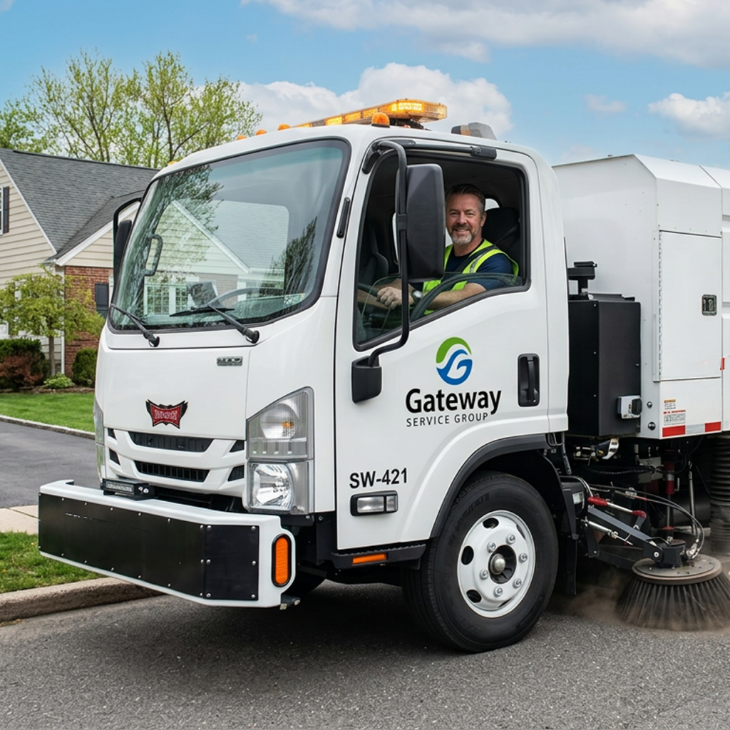White Gateway street-sweeper truck with a smiling driver in a high-visibility vest on a suburban street.