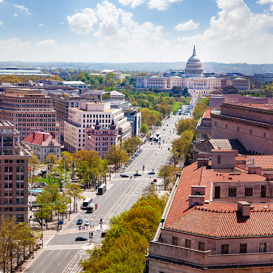 Aerial view of a tree-lined city street with buildings on both sides, stretching toward the Capitol dome in the distance.